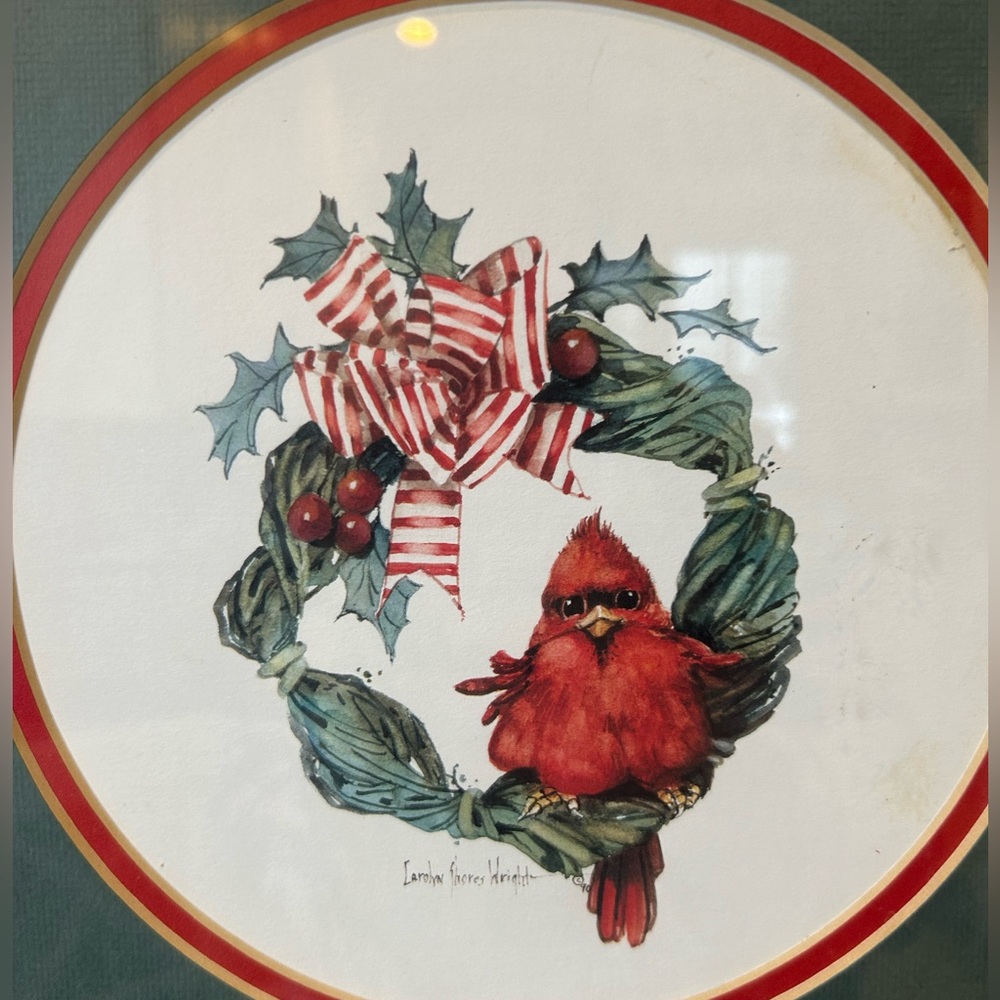 Vintage Carolyn Shores Wright red cardinal on Christmas wreath frame glass print